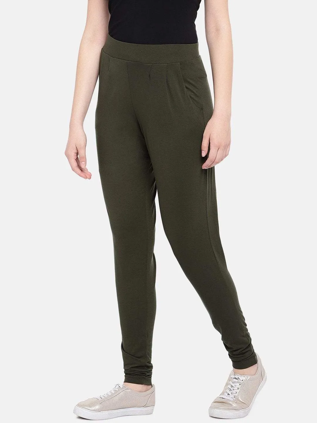 Women's Olive Viscose Elastane Loose Fit Knit Pant