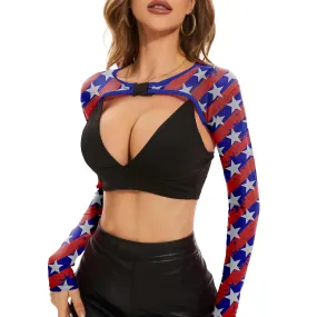 Zando Mesh Crop Top Long Sleeve Rave Top For Women 4th of July Mesh Top Rave Outfit For Women Sheer Mesh Shrug Top Rave Accessories For Women Star Crop Top American Flag XX-Large